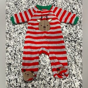 Carters Red & Gray Striped Christmas Reindeer Baby Fleece One-Piece, Newborn